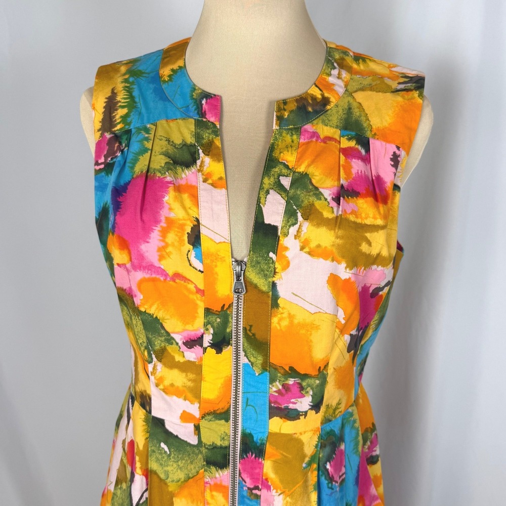 Nanette Lepore Bright Watercolor Zip Front Cotton Dress Size 4 Pockets EUC - Picture 4 of 12